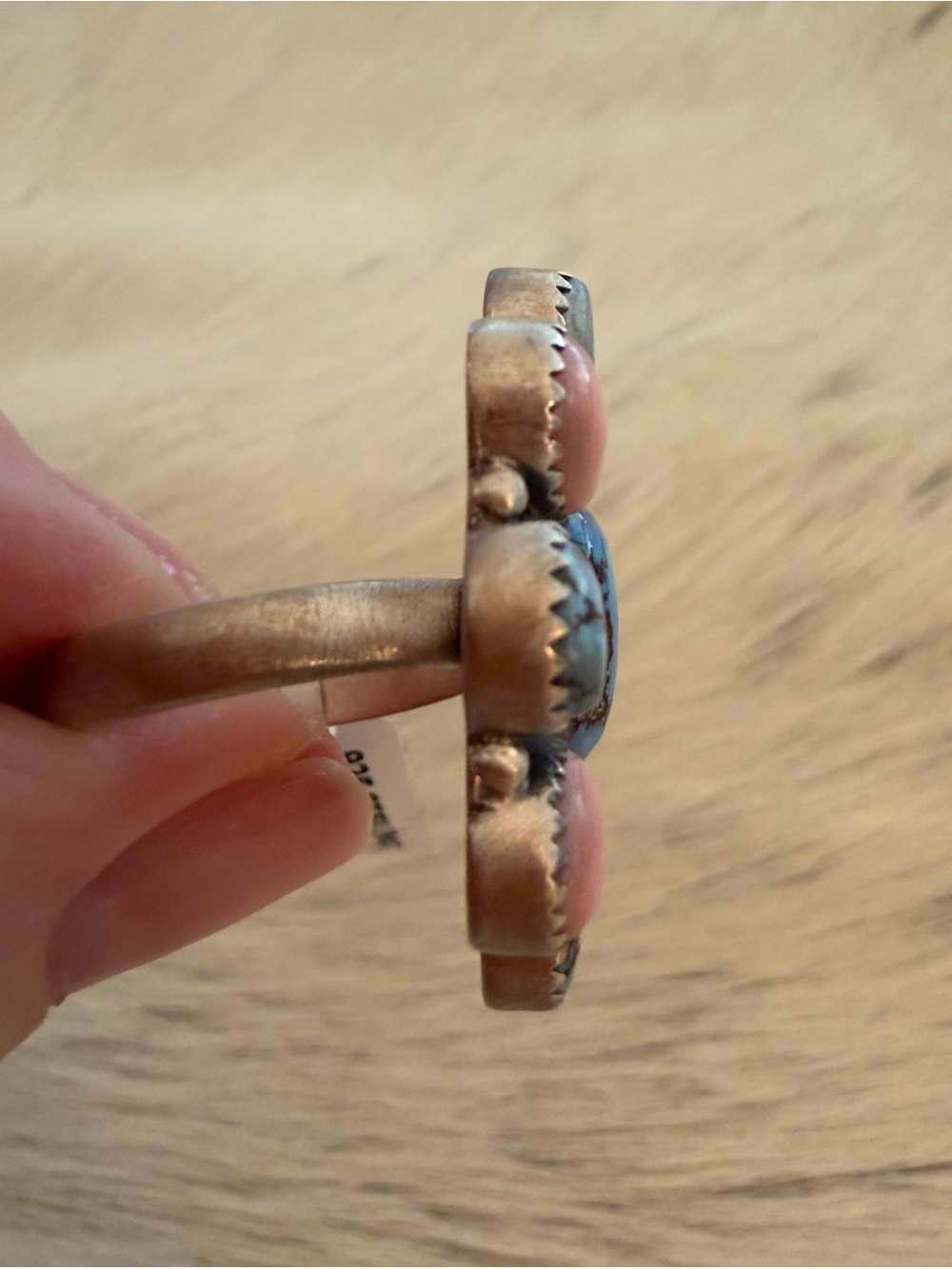 ❤️ Pink Conch & Golden Hills Turquoise Half Cluster Adj Sterling Statement Ring - Picture 5 of 13